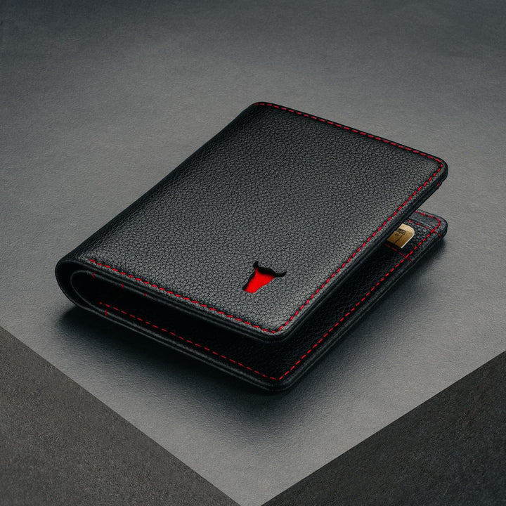 TORRO Herren Geldbörse - Premium-Echtleder-Geldbörse mit RFID-Schutz Slim Bi-Fold Schwarz mit Roten