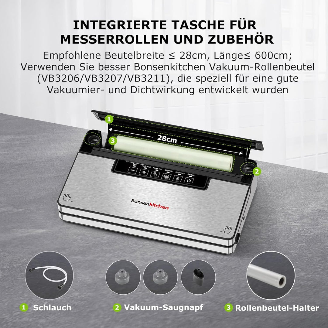 Bonsenkitchen Vakuumierer, Stark Vakuumiergerät mit 5 Modi, 8 L/Min, Globefish-Technologie für Konti