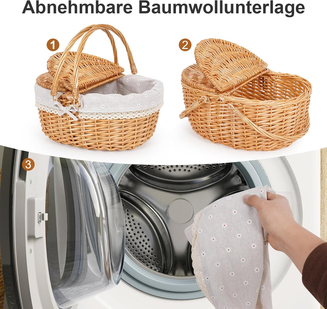 Wicker Picknickkorb mit Griff, 38 cm grosser leerer Picknickkorb mit Deckel und abnehmbarem Futter,