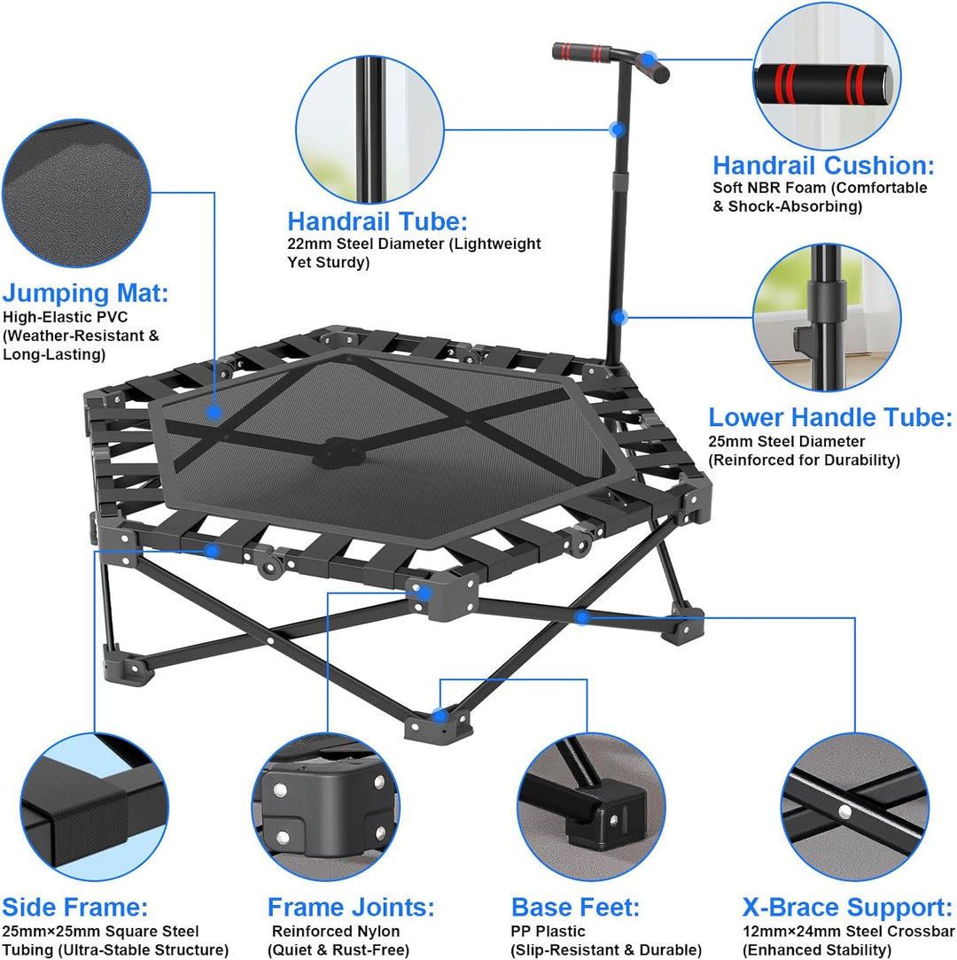 Fitness Trampolin Klappbar, Mini Trampolin Indoor 106cm mit 3-Fach Höhenverstellbarem Griff, Extra S