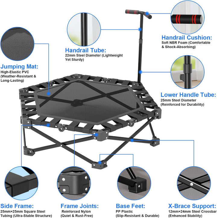 Fitness Trampolin Klappbar, Mini Trampolin Indoor 106cm mit 3-Fach Höhenverstellbarem Griff, Extra S