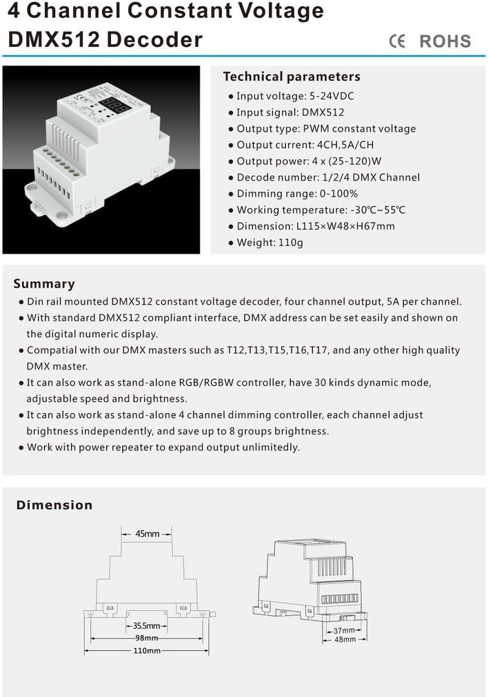 4 CH Constant Voltage DMX512 Decoder RGB/RGBW Controller Din Rail Mounted 4 Channel Dimming Controll