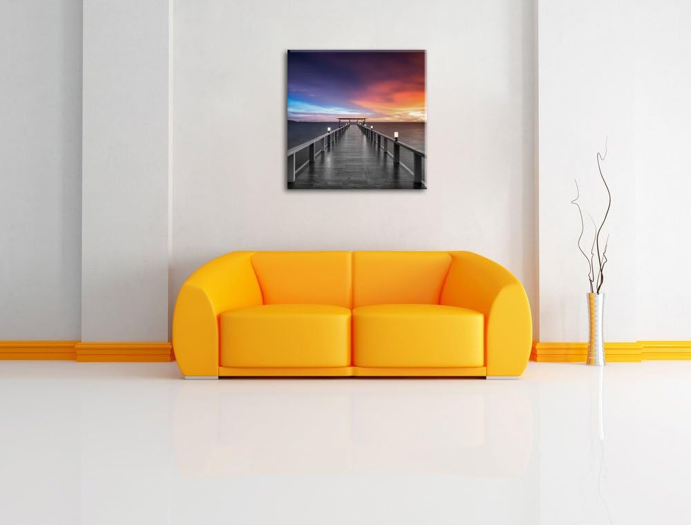 Pixxprint Moderner Holzsteg ins Meer Schwarz/Weiss, Format: 70x70 auf Leinwand, 70x70