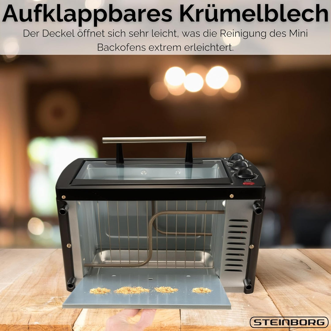 Mini Backofen 13 Liter | 1200 Watt | Pizzaofen | 65°-230°C | Timer | aufklappbares Krümelblech | Min