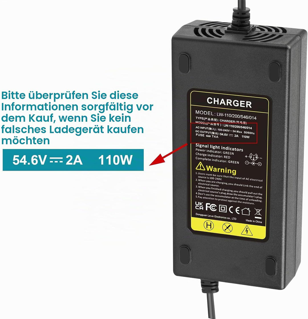 Labtec 54,6V 2A Ladekabel Ladegerät für 48V 2A 13S Li-on Akkus E-Bike Elektrofahrrad Pedelec Hoverbo