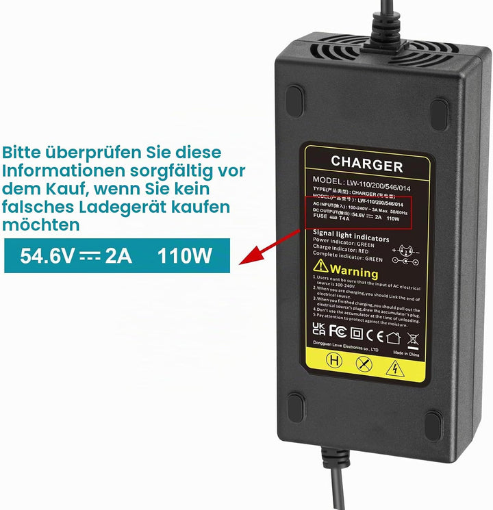 Labtec 54,6V 2A Ladekabel Ladegerät für 48V 2A 13S Li-on Akkus E-Bike Elektrofahrrad Pedelec Hoverbo