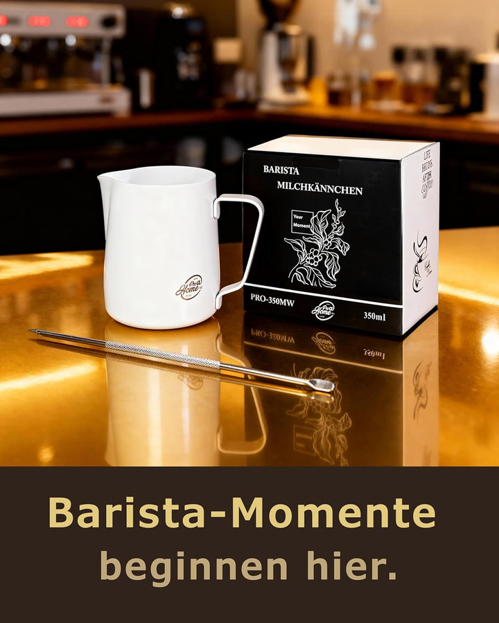 Barista Edelstahl Milchkännchen weiss 350ml (auch 600ml) inkl. Latte Art Stift/Milchschaumkännchen i