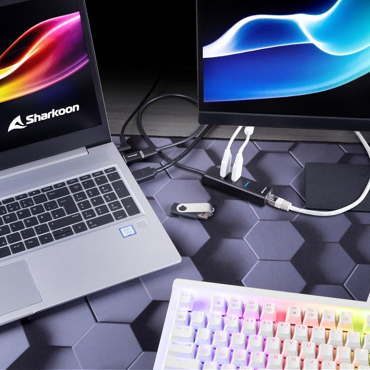 Sharkoon 3-Port USB 3.2 GEN 1 Aluminium Hub, RJ45 Ethernet Adapter, Schwarz