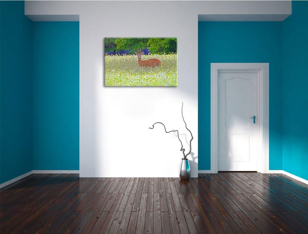 junger Hirsch auf Wildwiese NewArt Format: 100x70 cm auf Leinwand, XXL riesige Bilder fertig gerahmt