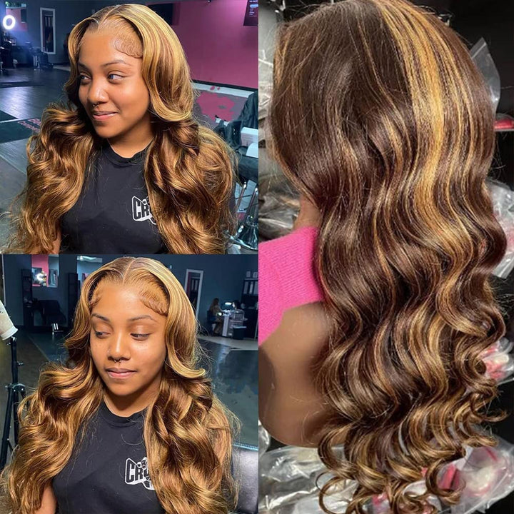 DUAUJUIU Lace Front Wig Highlight Ombre 13X4 Transparent P4/27 Colored Honey Blonde Lace Front Wig F