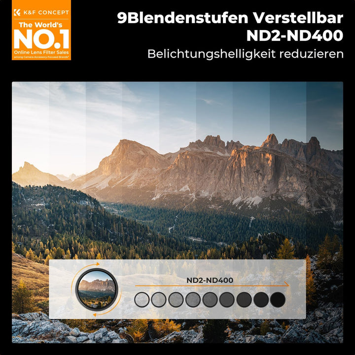 K&F Concept B-Serie 67mm ND Filter Variabler ND2-ND400 (1-9 Stop) Slim Neutral Graufilter, 67mm