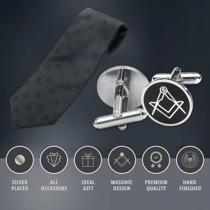 THE MASONIC COLLECTION - Schwarze Freimaurer-Krawatte und Manschettenknöpfe – 100 % Polygewebt mit Q
