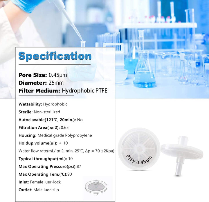 Hydrophober PTFE Spritzenfilter, 25 mm, 100 Stück, PTFE-25mm-0.45μm, PTFE-25 mm-0,45 µm., PTFE-25mm-