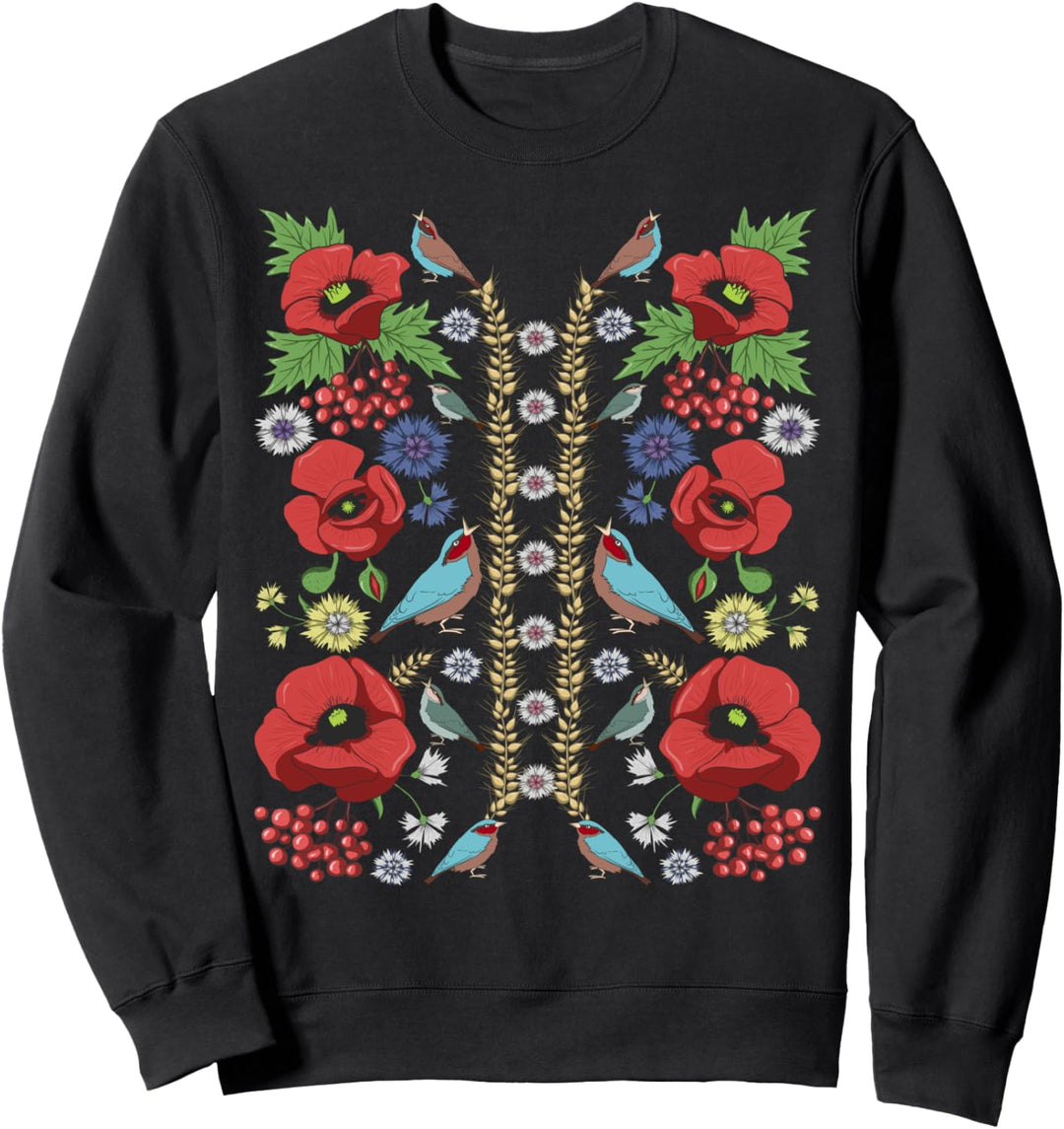 Rote Mohnblumen & Vögel Vintage Floral Ukrainische Vyshyvanka Sweatshirt