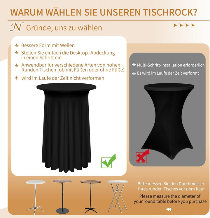3 Packs Spandex Cocktail Tischdecke mit Röcken 80x110cm, schwarzer Stretch Cocktail Tisch für hohen