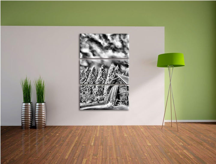 Pixxprint Monocrome, Holzhütte im Schnee 3-Teiler Leinwandbild 120x80 Bild auf Leinwand