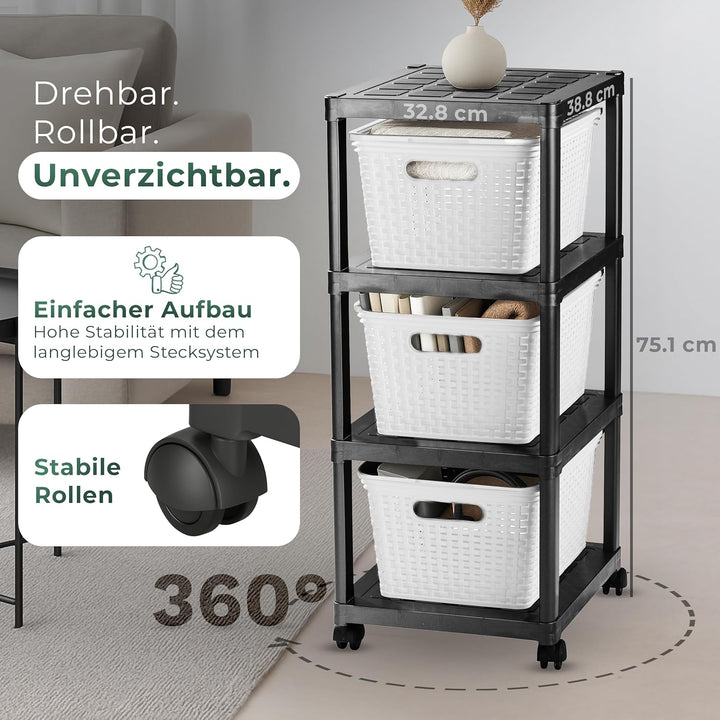 Novaliv 2x Rollwagen 4 Etagen mit 6x Rattankorb & Holz-Deckel, Badezimmer-Regal Badregal Bad Küche,