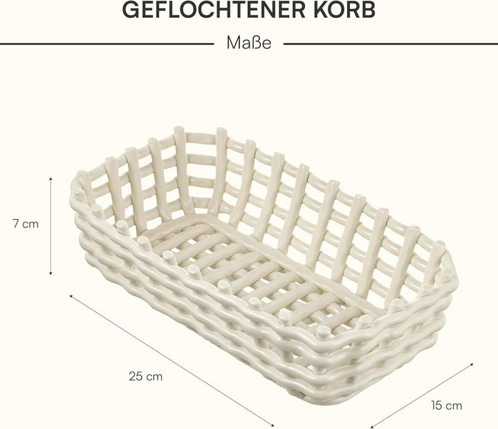 Baroni Home Mehrzweckkorb aus Keramik, Obstkorb, Tischdeko, Taschenleerer, rechteckig, weiss, 25 x 1