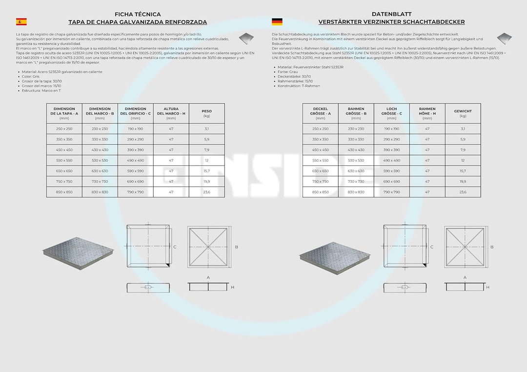 EINSIDE Schachtdeckel verzinkt und verstärkt, Deckel aus Stahlblech, Schachtabdeckung verzinkt, 55 x