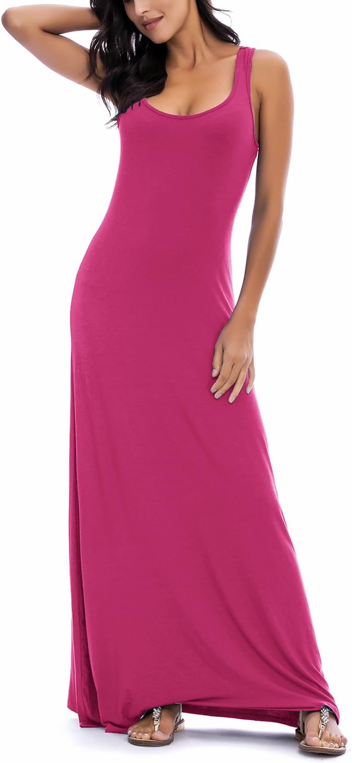 EXCHIC Damen Sommer Leichte Ärmellos Strand Maxi Kleid Elegant Elastisch Tunika Lang Kleider L Rosa,