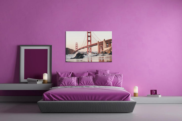 deyoli rote Golden Gate Brücke Format: 100x70 cm als Leinwandbild, Motiv fertig gerahmt auf Echtholz