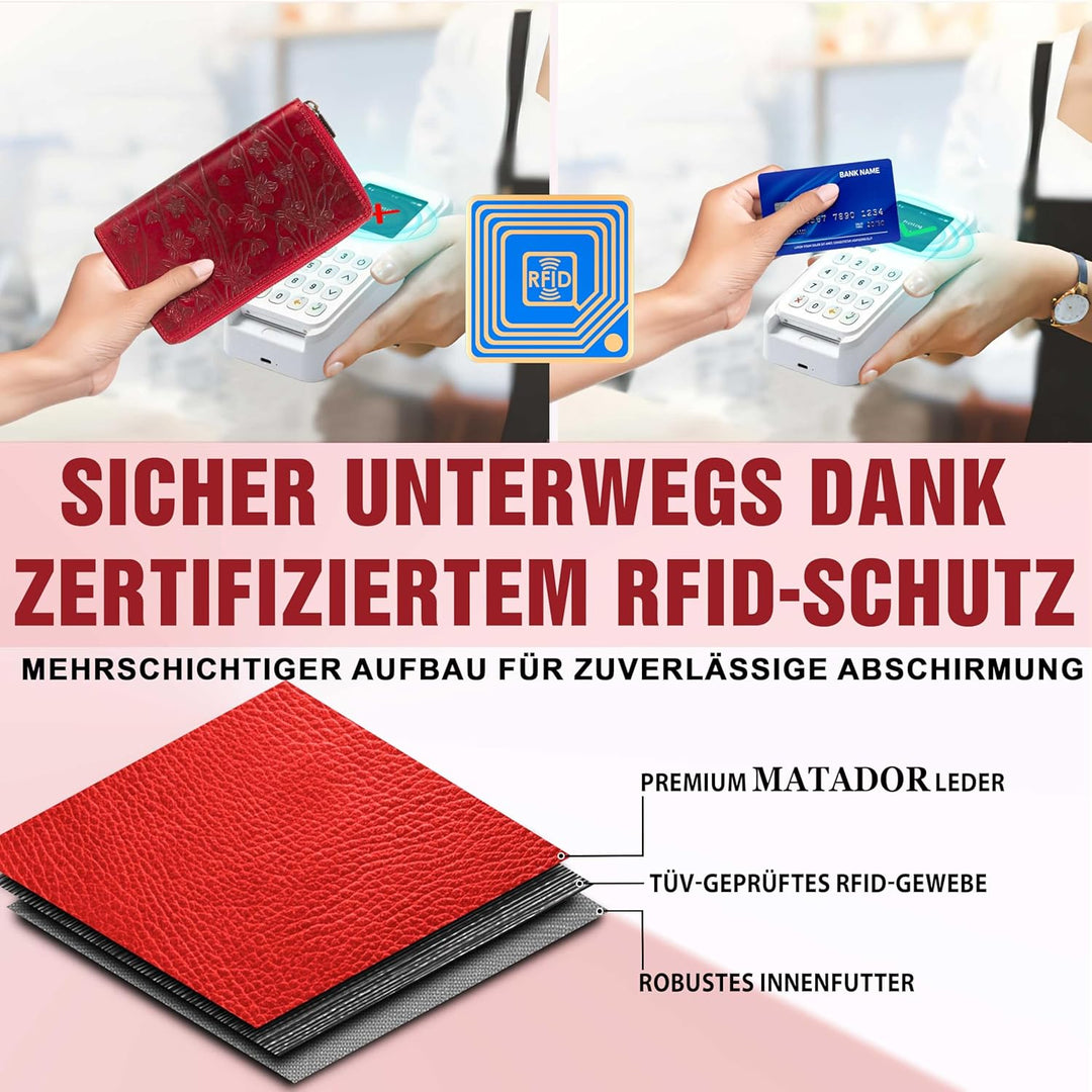 MATADOR Geldbörse Damen XXL Gross Leder Geldbeutel Doppelter Reissverschluss TÜV Geprüfter RFID &amp; NF