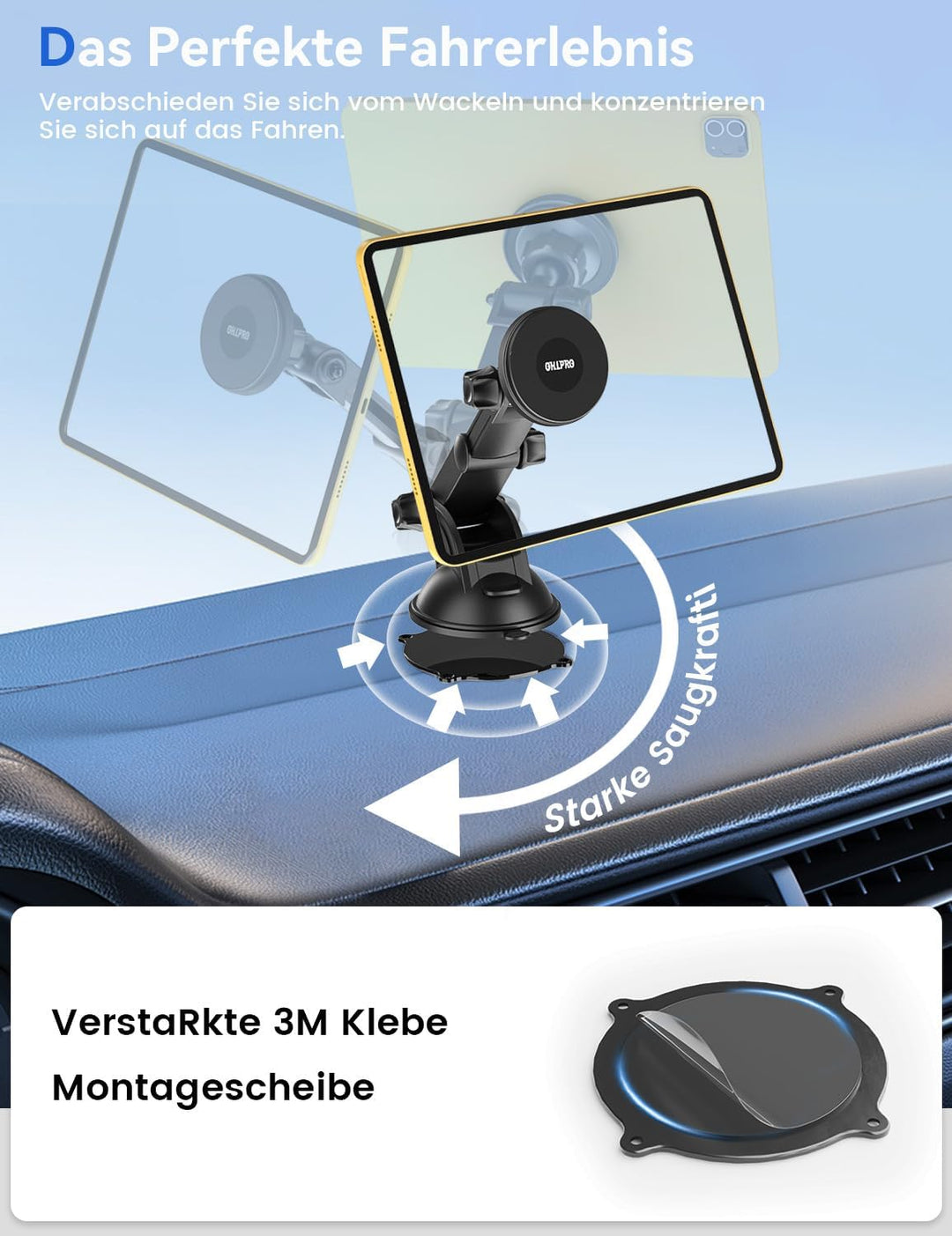 OHLPRO Tablet Halterung Auto,360° Drehung Tablethalterungen 18cm Ausziehbare Arm+ Waschbar Saugnapf,