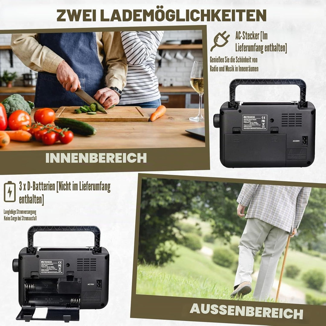 Retekess TR604 Kofferradio,Tragbares Radio,Einfaches Radio,Netzkabel oder Batteriebetrieb,Grosser Kn