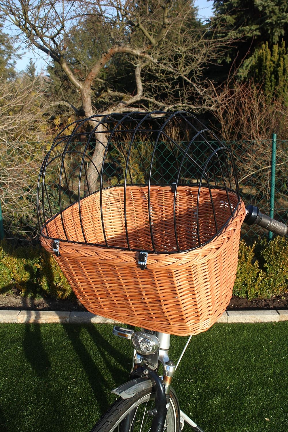 Marcus-Hundefahrradkorb für Fahradlenker aus Weide mit Metallgitter und Kissen XL oder XXL Natur Wei