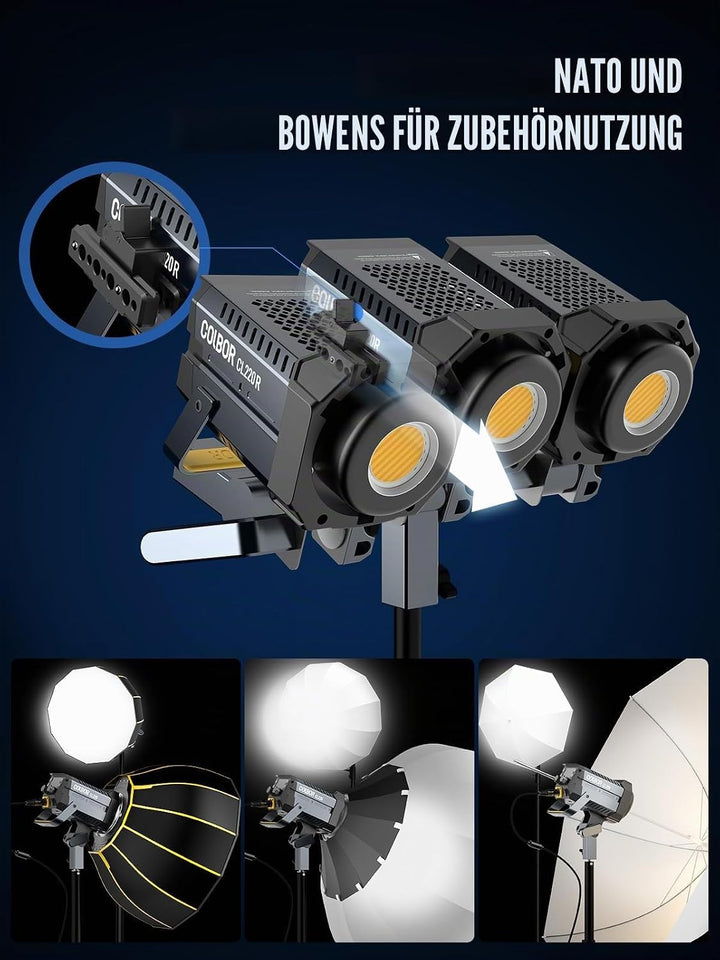 Videoleuchte, Colbor CL220R RGB 220W Dauerlicht mit M/G Balance 2700-6500K CRI96+ Bowens Mount Light