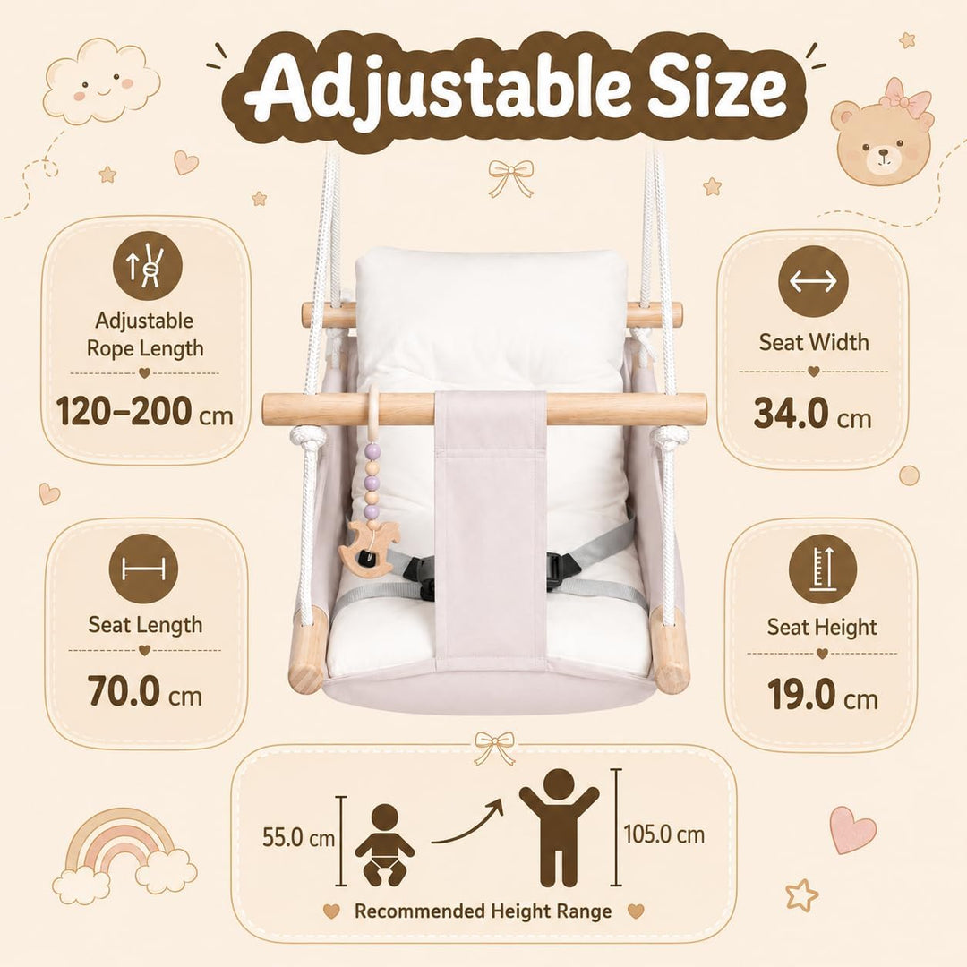 Babyschaukel Indoor 3 in 1,Hängeschaukelsitz aus Holz mit Sicherheitsgurt und Baumwollkissen, Einste