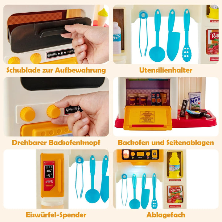 DREAMADE Kinderküche mit 38 TLG. Zubehör, Kinderspielküche mit Spülbecken Wasserhahn Herd Öfen, Spie