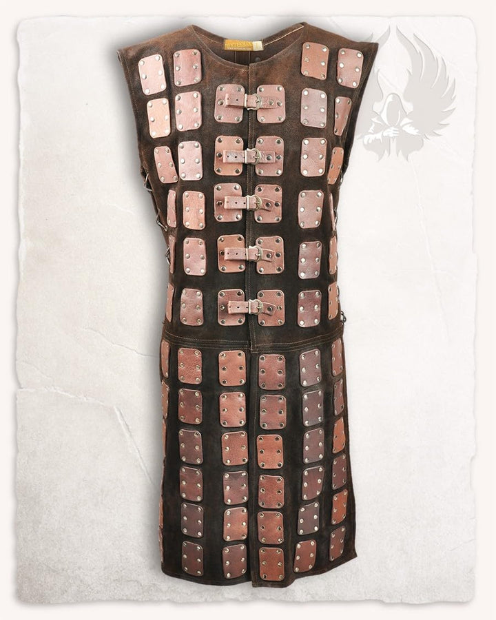 MYTHOLON Osric braune Lederbrigantine,XL-XXL, Lederrüstung mit seitlichen Schnürungen, Wildleder, Me