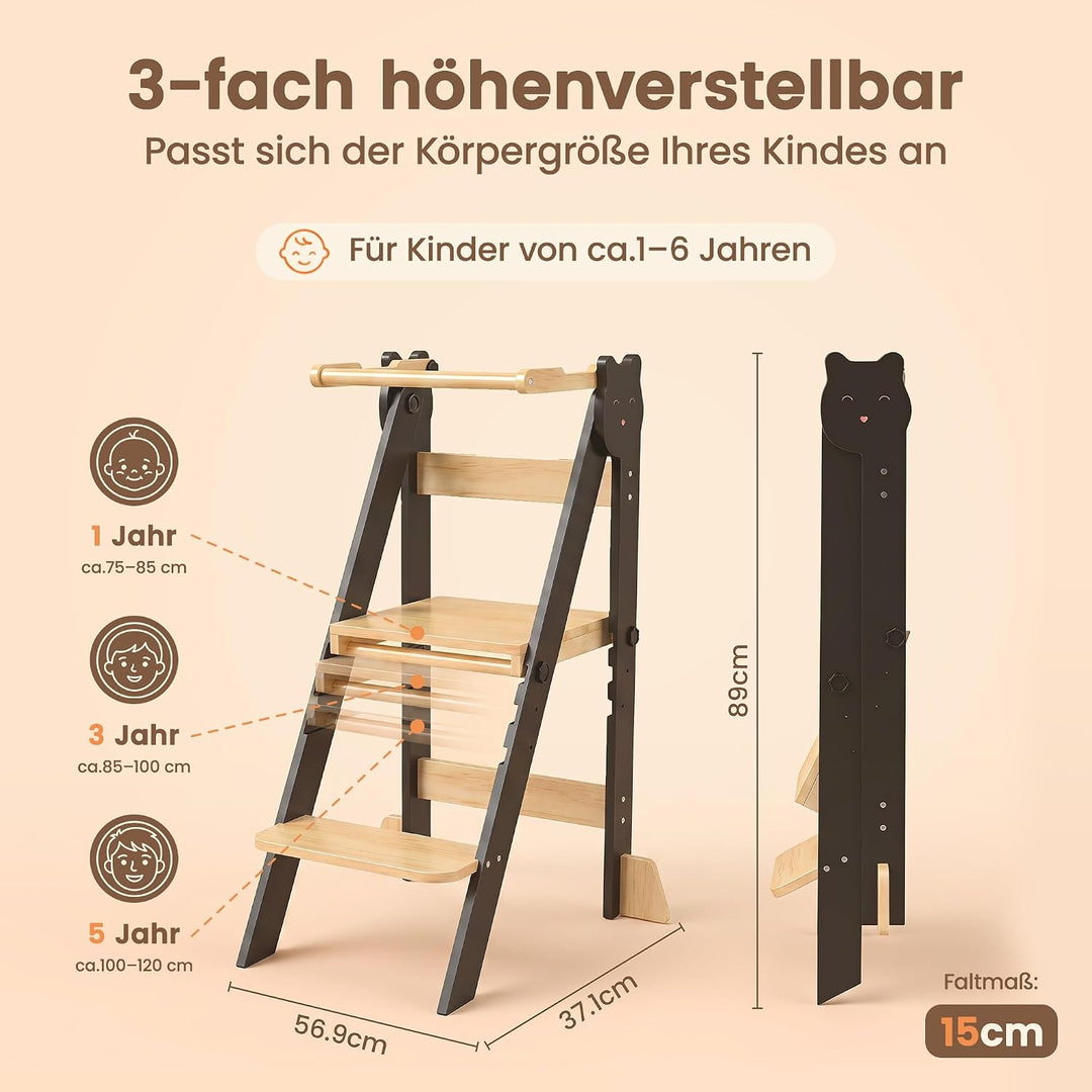 Lernturm Klappbar &amp; 3-Fach Höhenverstellbar - Kippsicherer Learning Tower aus Kiefernholz - Mitwachs
