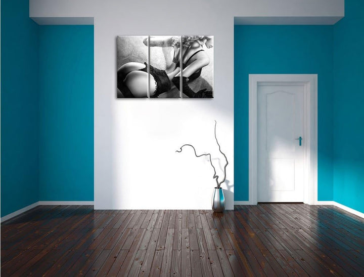 Pixxprint Frau in sexy Dessous als Leinwandbild/Grösse: 3 Teilig (120x80 cm) cm/Wandbild/Kunstdruck/