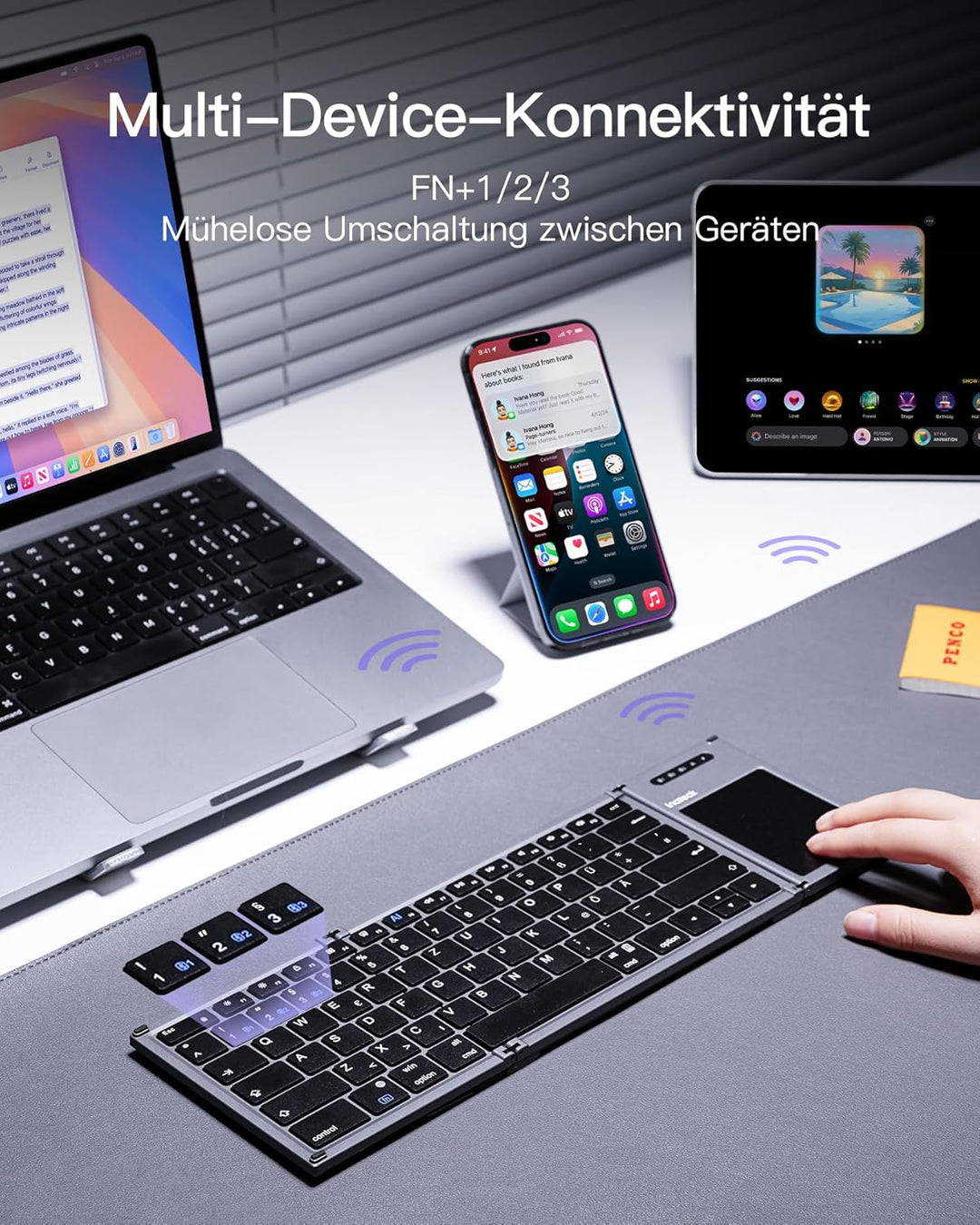 Inateck Faltbare Tastatur, KI-Tastatur mit Touchpad, Bluetooth Wireless Mini-Tastatur, Pocket-Tastat