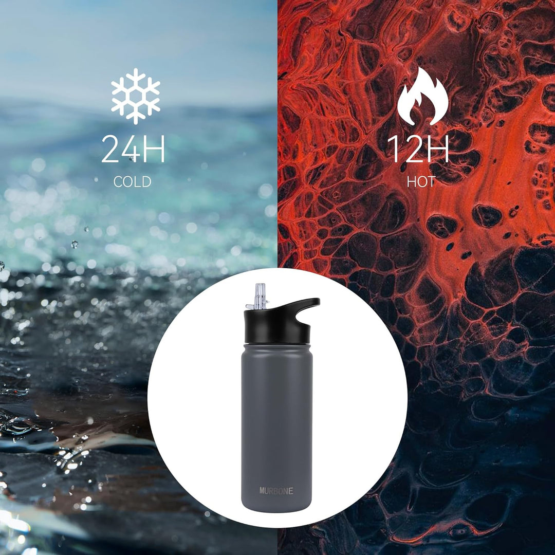 Edelstahl Trinkflasche 500ml (+2 Deckel)-mit Strohhalm,BPA frei,Thermosflasche Auslaufsicher,Kohlens