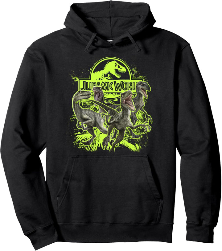 Raptor Attack mit neongrünem Logo von Jurassic World Pullover Hoodie
