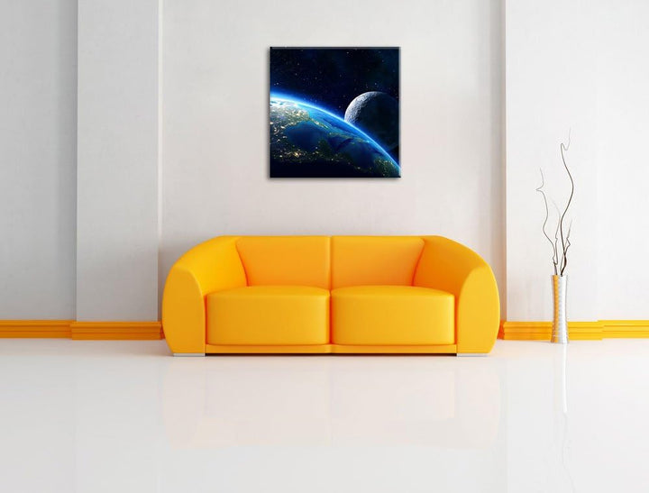 Pixxprint Erde und Ihr Mond aus dem All als Leinwandbild/Grösse: 70x70 cm/Wandbild/Kunstdruck/fertig