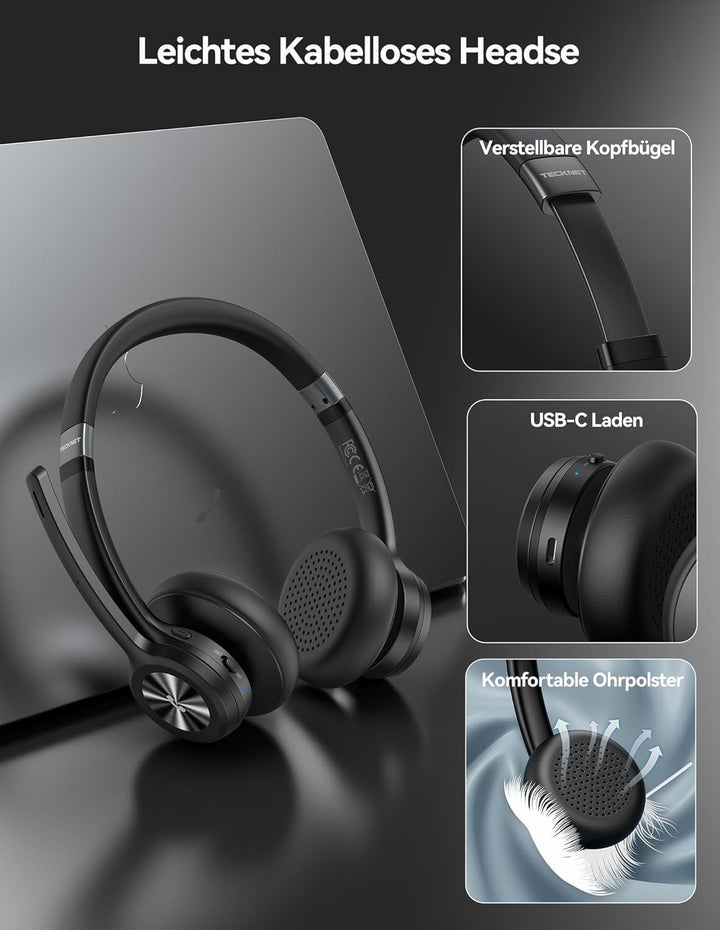 TECKNET Bluetooth-Headset mit Mikrofon, USB-Dongle, Noise Cancelling | Bluetooth 5.2 oder USB-Dongle
