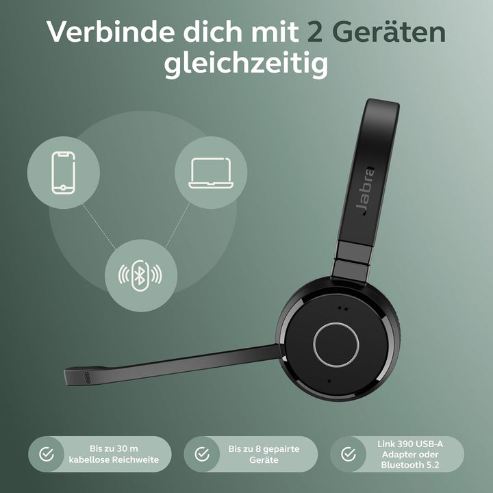 Jabra Evolve 65 TE (3. Ausgabe 2025) Kabellos Bluetooth-Stereo-Headset mit Geräuschunterdr.-Mikrofon