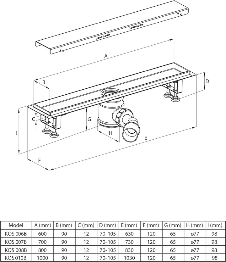 DEANTE Linearablauf mit Vollrost zur Montage unter Fliesen mit tiefem Siphon KOS 008B, grau