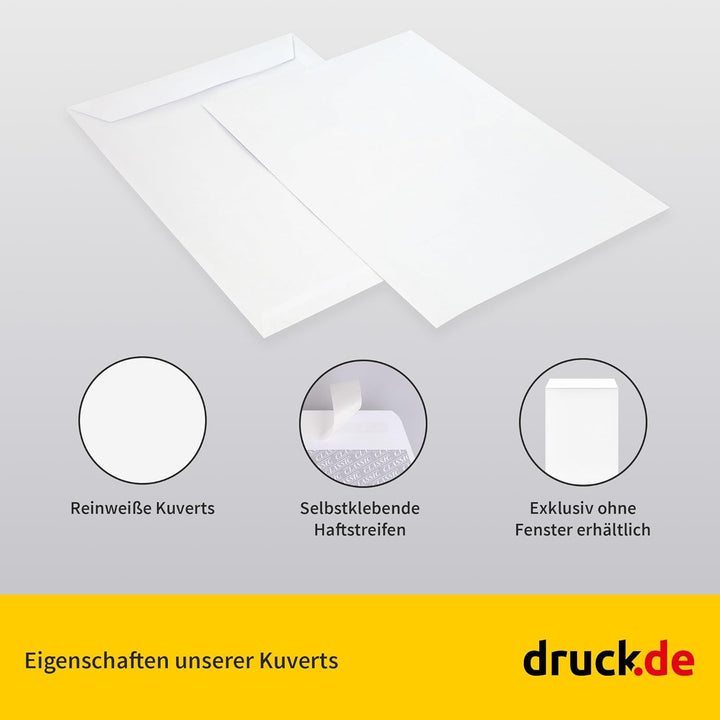 500 Stück Kuverts - Briefumschläge - C4 Tasche ohne Fenster - weiss - selbstklebender Haftfix Versch