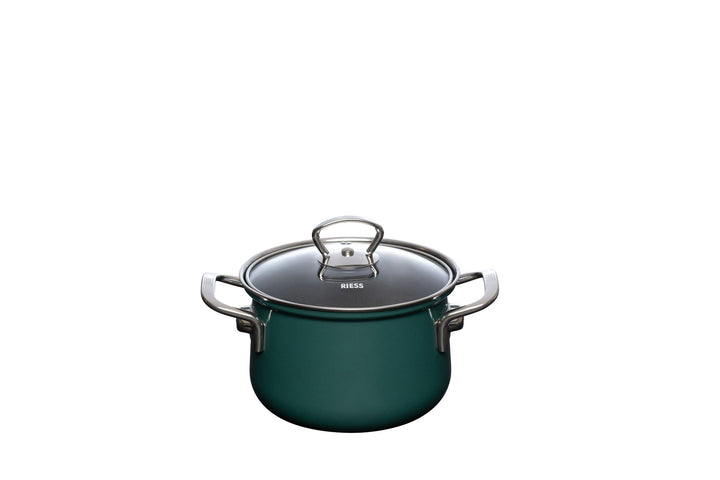 Riess, 0659-007, Fleischtopf mit Glasdeckel 24cm. 6L, Nouvelle TEAL, dunkelgr�n, Emaille, LBH 33.1 x