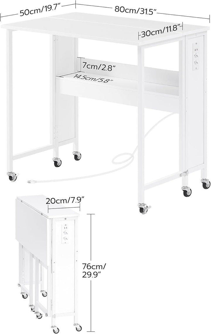 Klappbarer Computertisch mit Rollen, Kleiner Klapptisch mit Ladestation, 80 cm klappbarer Schreibtis