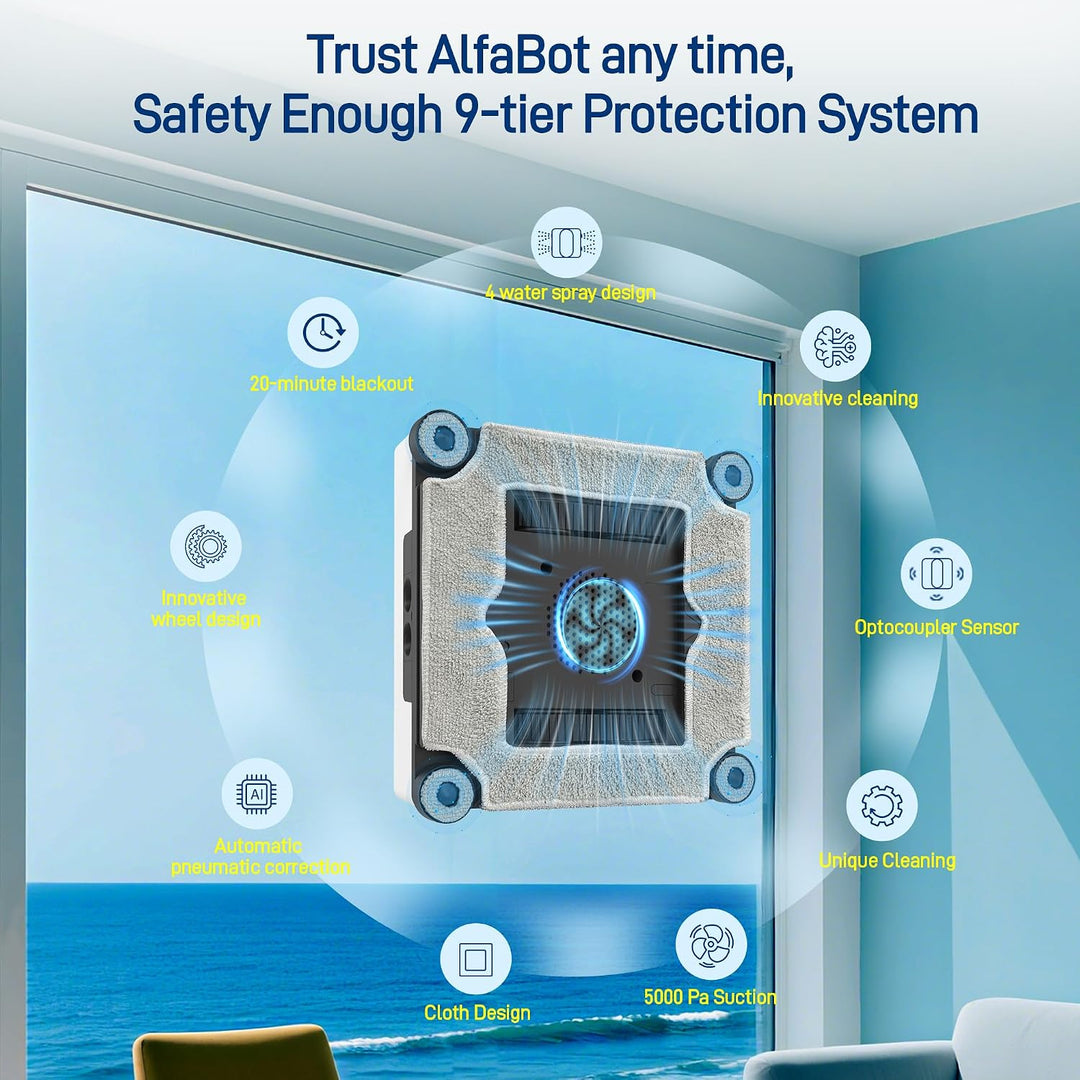 AlfaBot GLS480 Fensterputzroboter, 5000Pa Saugkraft Automatischer Fensterreiniger mit 4 Sprühdüsen,