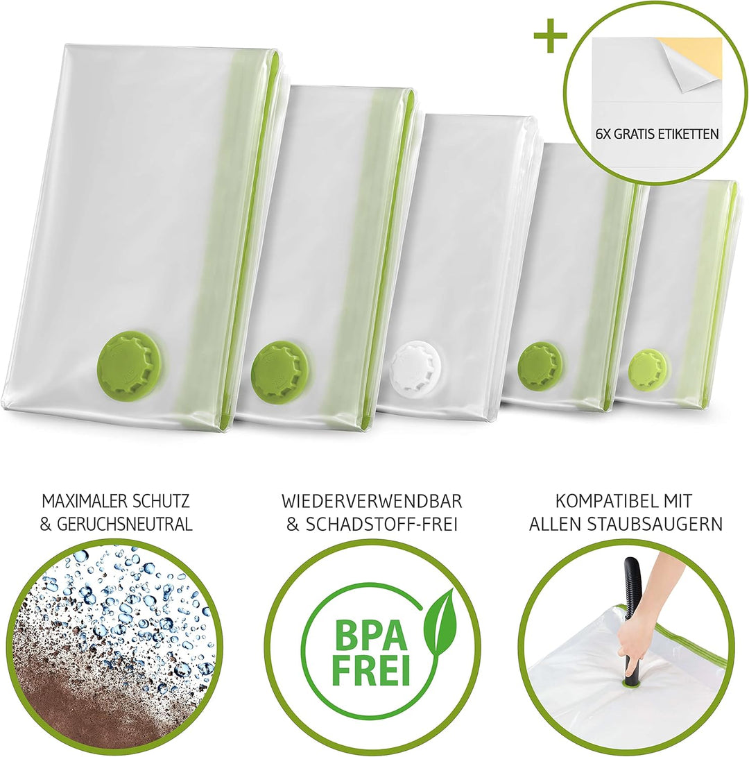 NORDIC® - Vakuumbeutel für Kleidung - 6x Grösse XL (100x80cm) - BPA Frei - Inkl. Etiketten - Vakuum