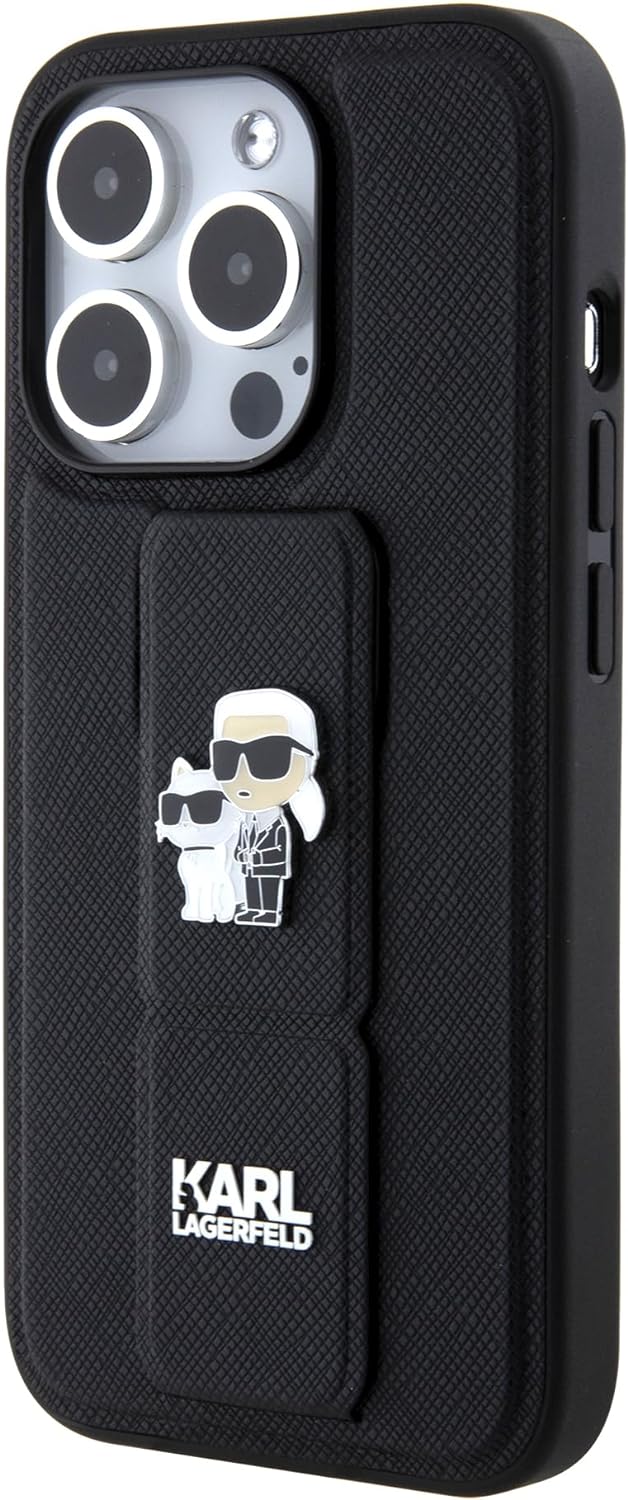 CG Movie Karl Lagerfeld Saffiano-Leder-Schutzhülle für iPhone 15 Pro, Schwarz, Schwarz