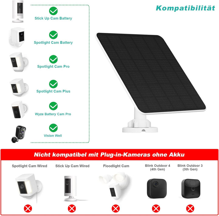 Solarpanel für Ring Kamera, 5W Solar Charger für Ring Stick Up Cam/Pro Akku, Spotlight Cam Plus/Pro