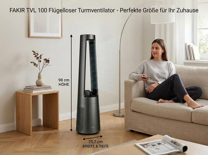 Fakir TVL 100 Flügelloser Turmventilator - DC-Motor, 12 Lüfterstufen, 30 dB(A), 60° Oszillation, 12h